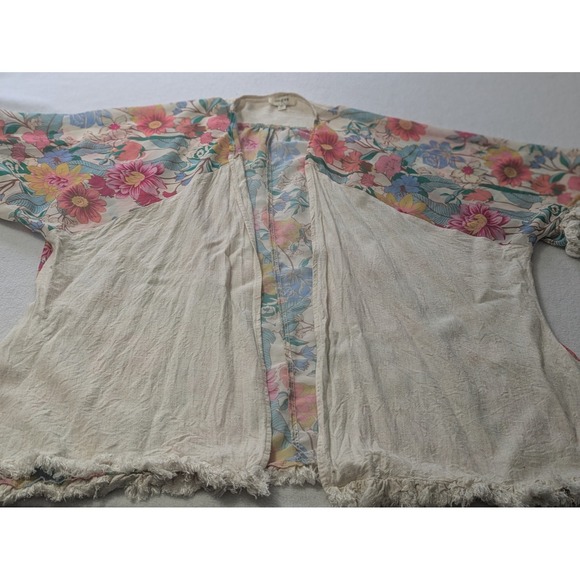 Umgee Tops - Umgee Kimono 3/4 Sleeve Fringe Hem Open Tunic Med Large Linen Oatmeal Floral‎